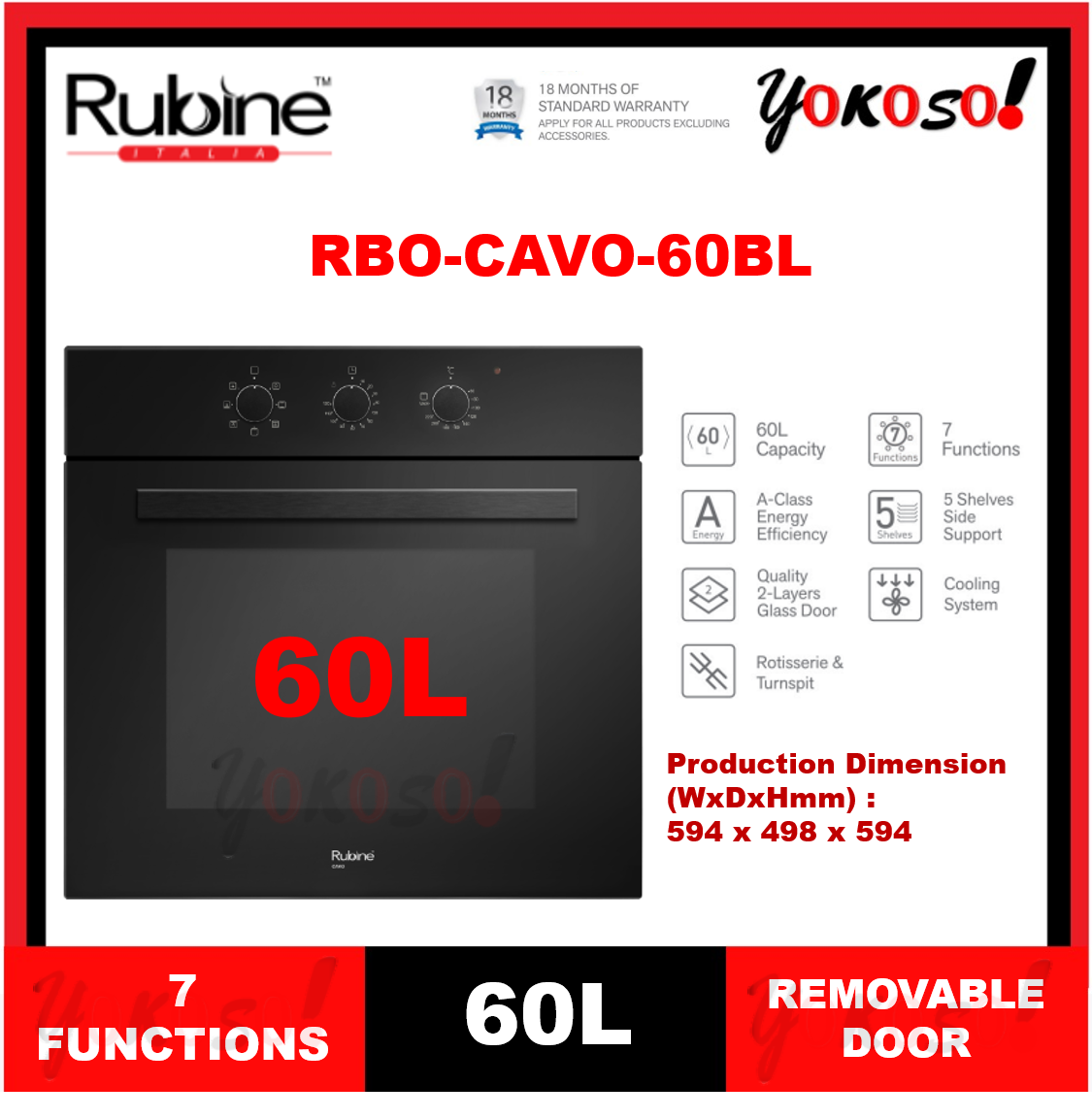 [FOR KLANG VALLEY ONLY] Rubine RBOCAVO60BL BuiltIn Oven 60L / 7 Functions / Time Control Lazada