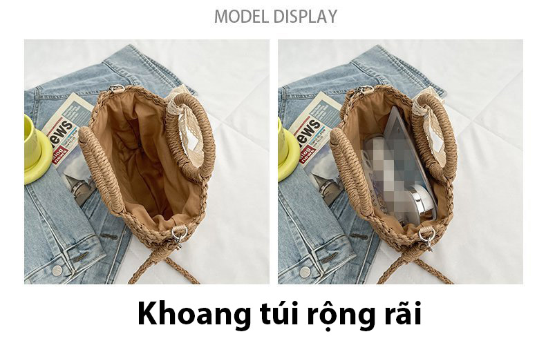 Túi cói bán nguyệt thắt nơ ren