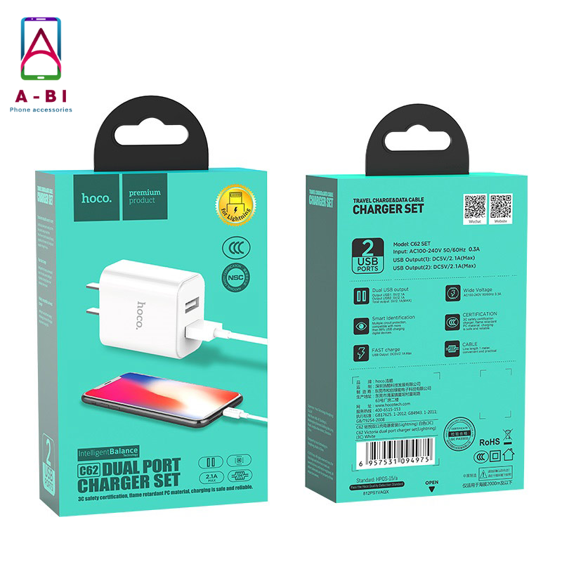Bộ SẠC NHANH Hoco C62 Lightning - 2 CỔNG USB DÀNH CHO IPHONE