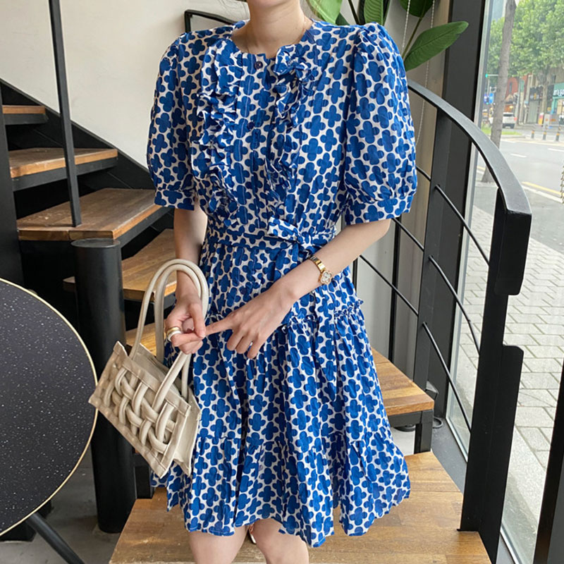 韩国复古小众圆领花朵印花系带收腰拼接荷叶边泡泡袖连衣裙女