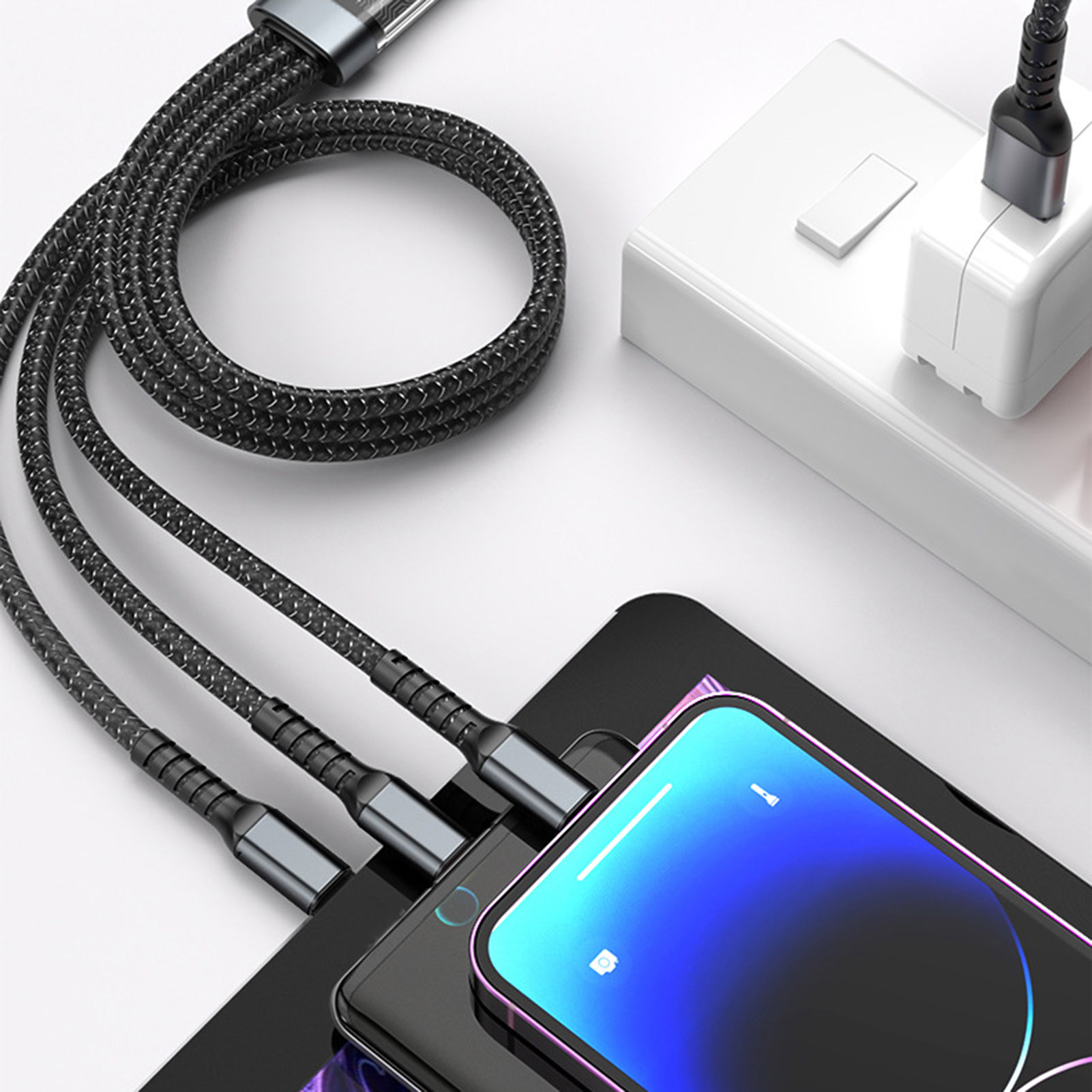 100w Fast Charging Cable High Power Usb Cable 3-in-1 Fast Charging Cable with Type-c and Micro Usb Connectors Multi Charger Cable for Universal Devices Nylon Braided