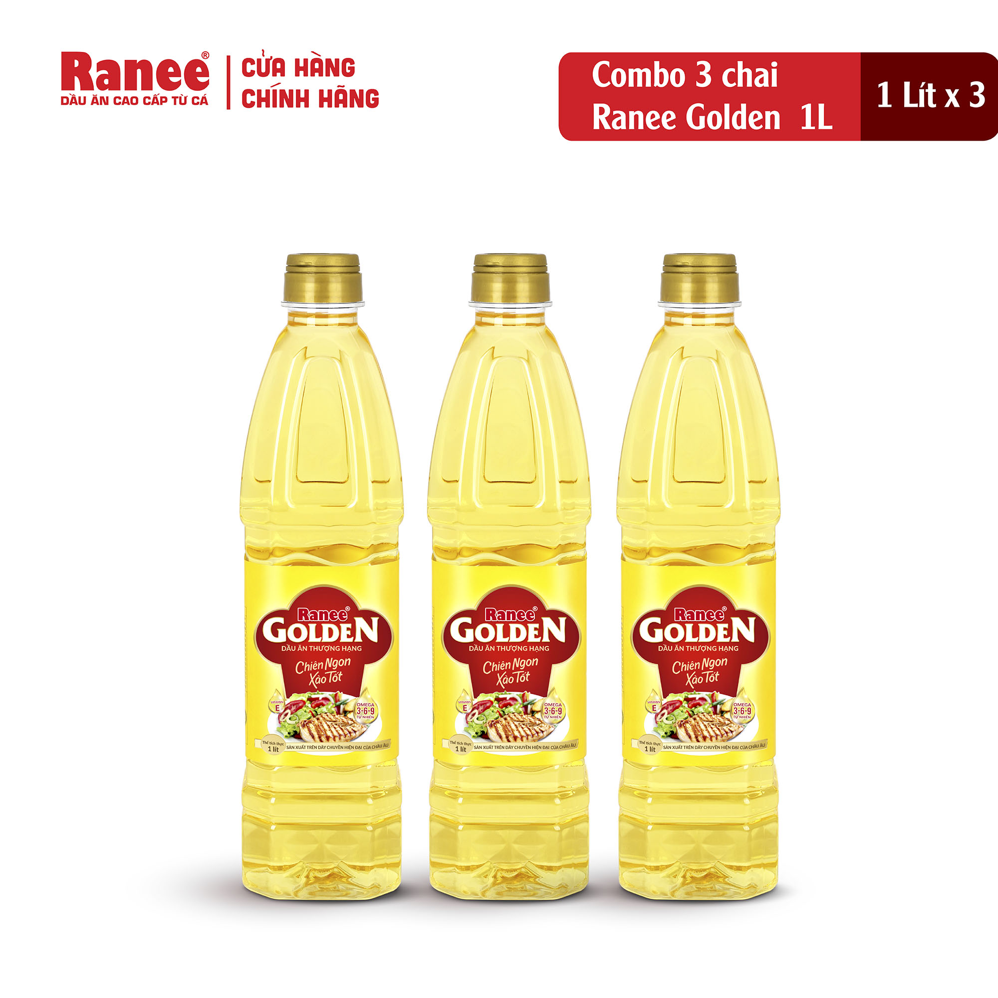 {Đơn 199k tặng hộp bơ -399k tặng vá gỗ} Combo 3 chai dầu ăn Ranee Golden 1 lít (1 lít/chai x 3 chai)