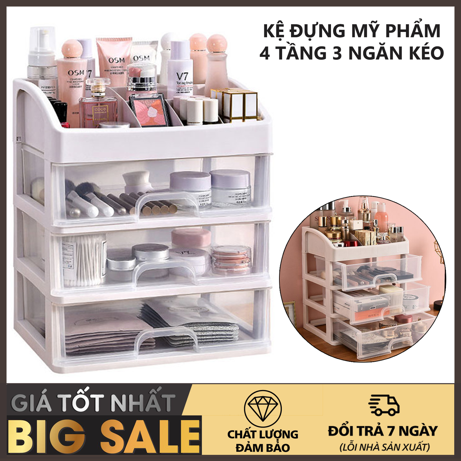 Kệ đựng mỹ phẩm - Kệ để son, kệ đựng mỹ phẩm nhựa 4 tầng - Kệ đựng mỹ phẩm 3 tầng 2 ngăn kéo -  Kệ Mỹ Phẩm Nhựa 4 Tầng Nhiều Ngăn Mẫu Mới 2022 - Giao màu ngẫu nhiên