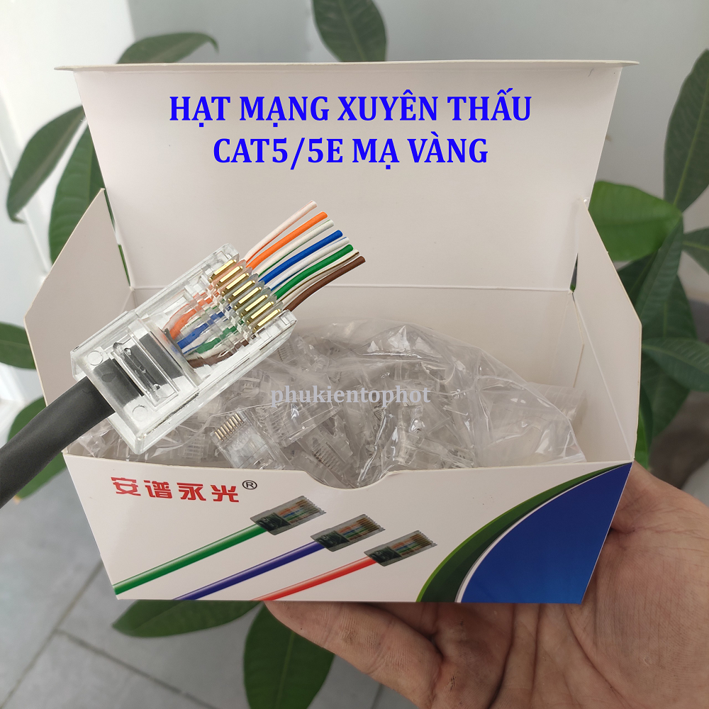 Đầu mạng xuyên thấu rj45 CAT5E Mạ Vàng chân tiếp xúc tốt (Hộp 100 con)