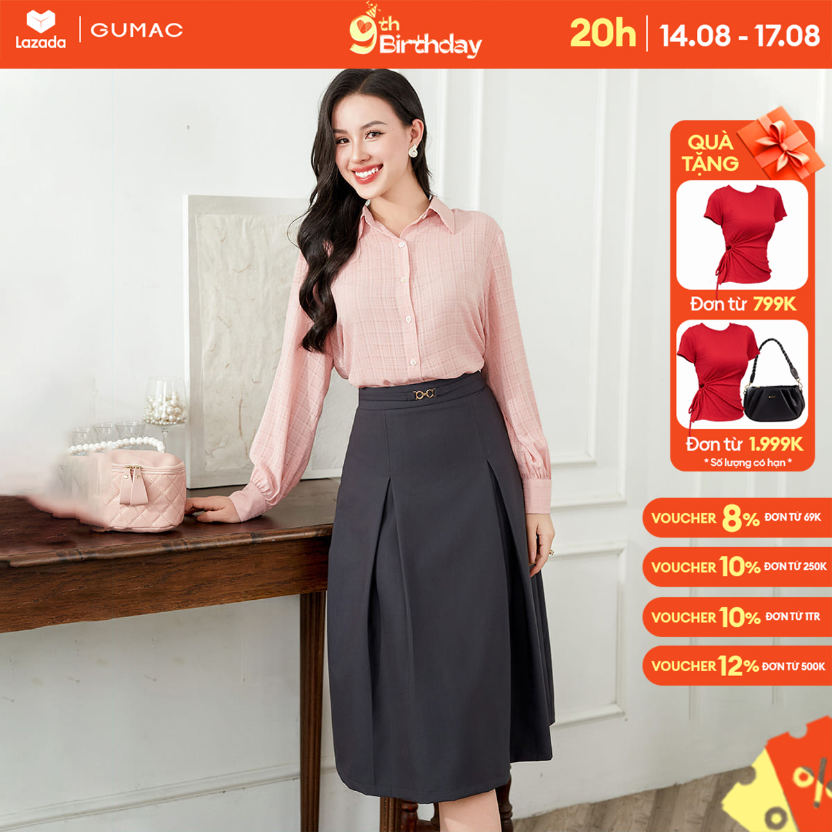 Chân váy nữ dáng dài phối phụ kiện thanh lịch thời trang GUMAC VE01070