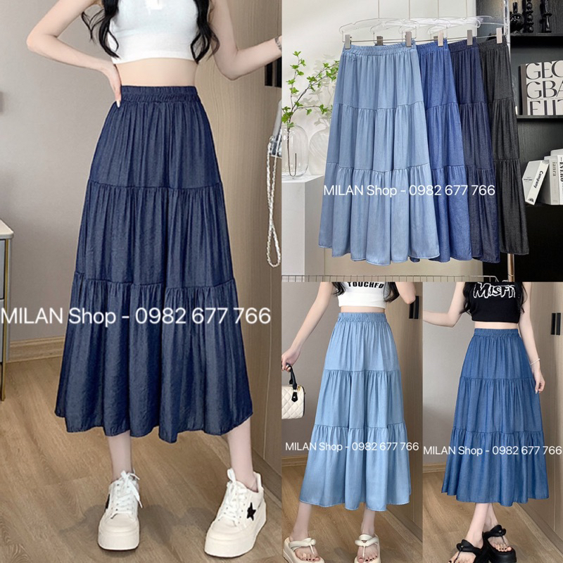 AA18-Chân váy bò(jean) lụa cực mát dáng dài xoè tầng Quảng Châu