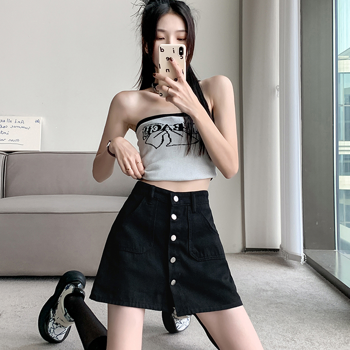 Black skirt korean outfit sale