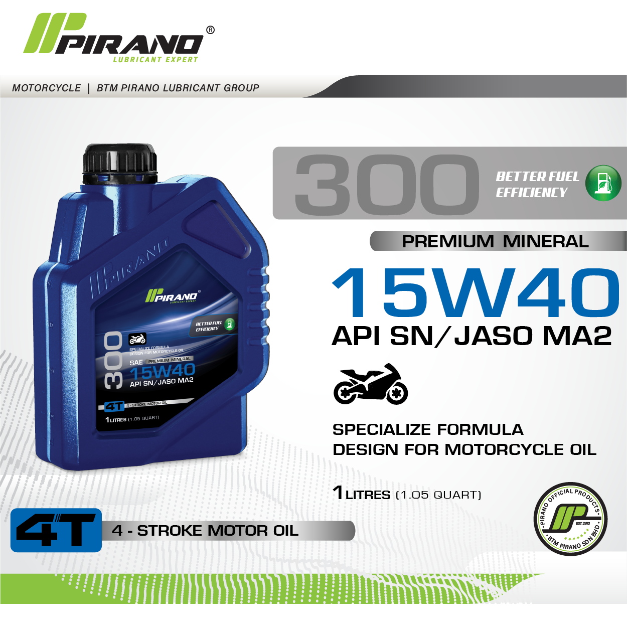PIRANO MOTORCYCLE ENGINE OIL 4T / 15W40 1L /P300 Lazada