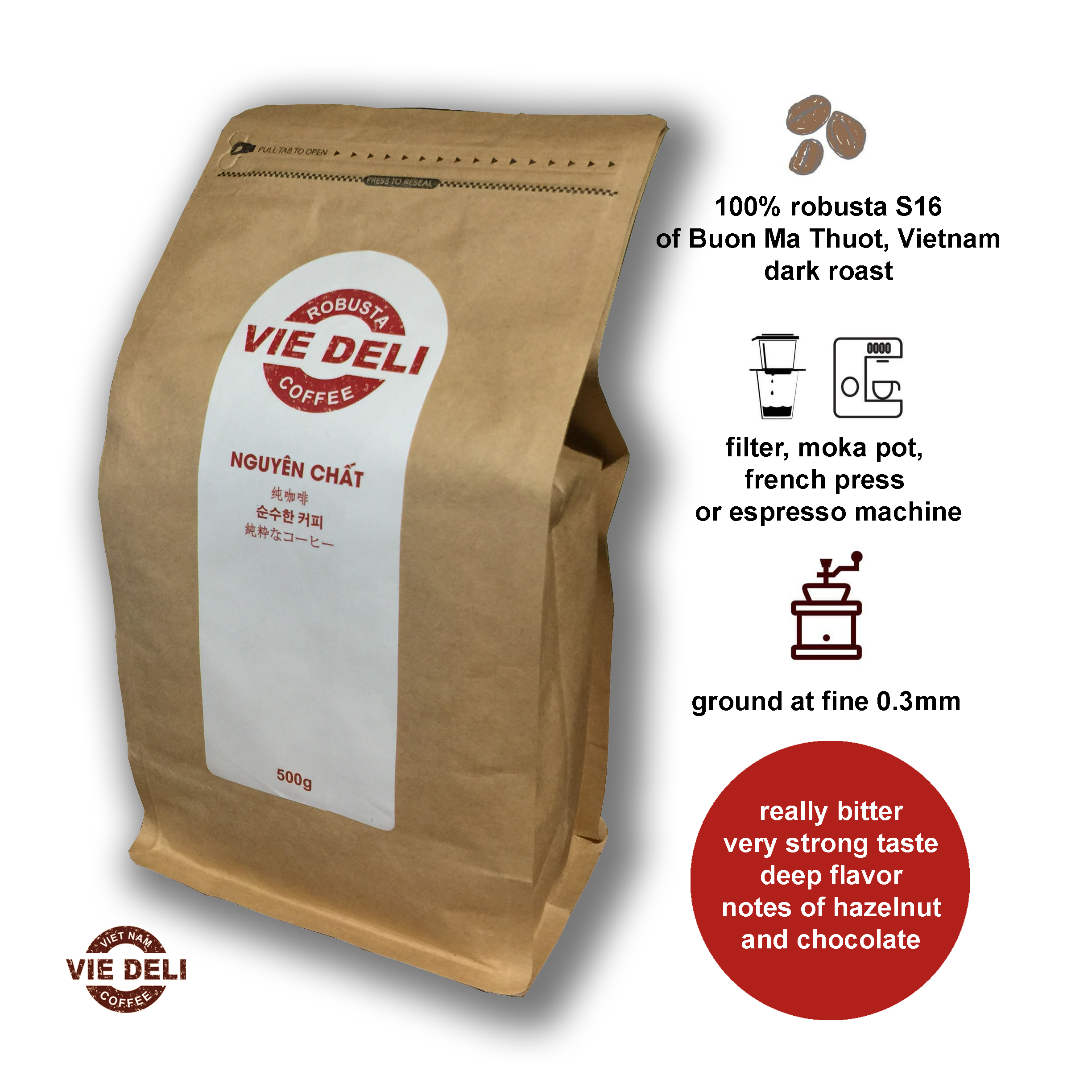 Cà phê bột Robusta Viedeli, túi 500g