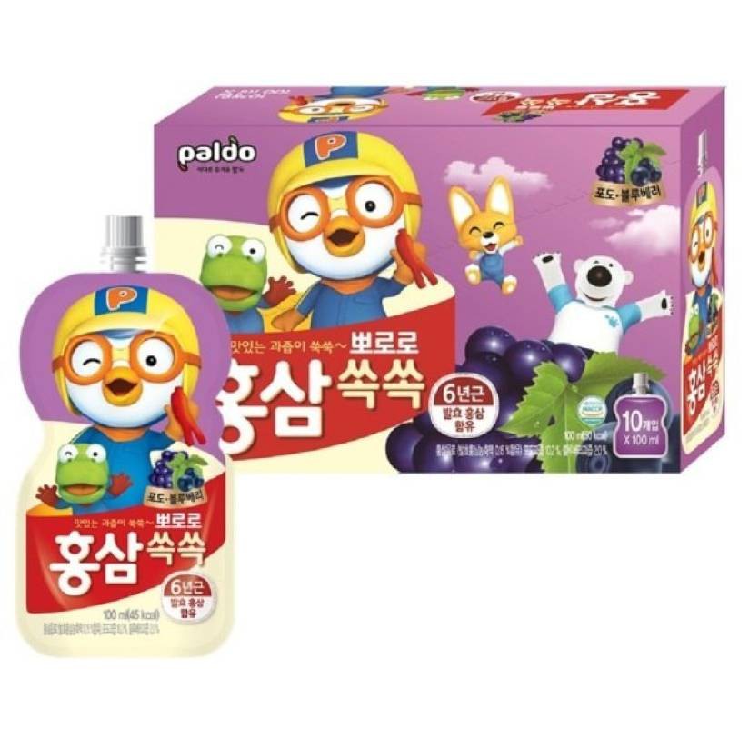 [Paldo] Pororo Red Ginseng drink Grape and Blueberry 100ml 뽀로로 홍삼쏙쏙 포도 ...