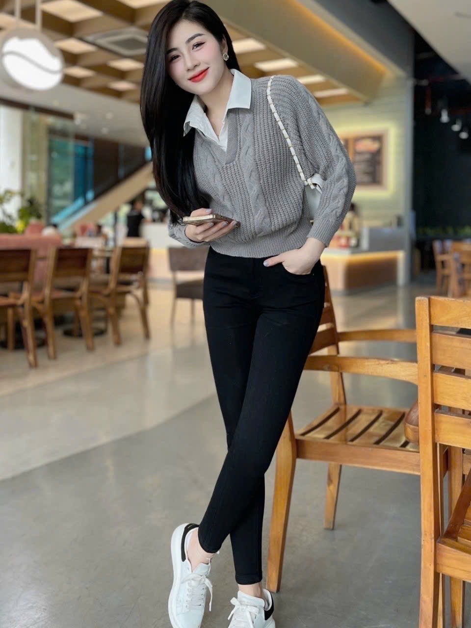 Áo len nữ tay dài phối cổ sơ mi, len dày đẹp