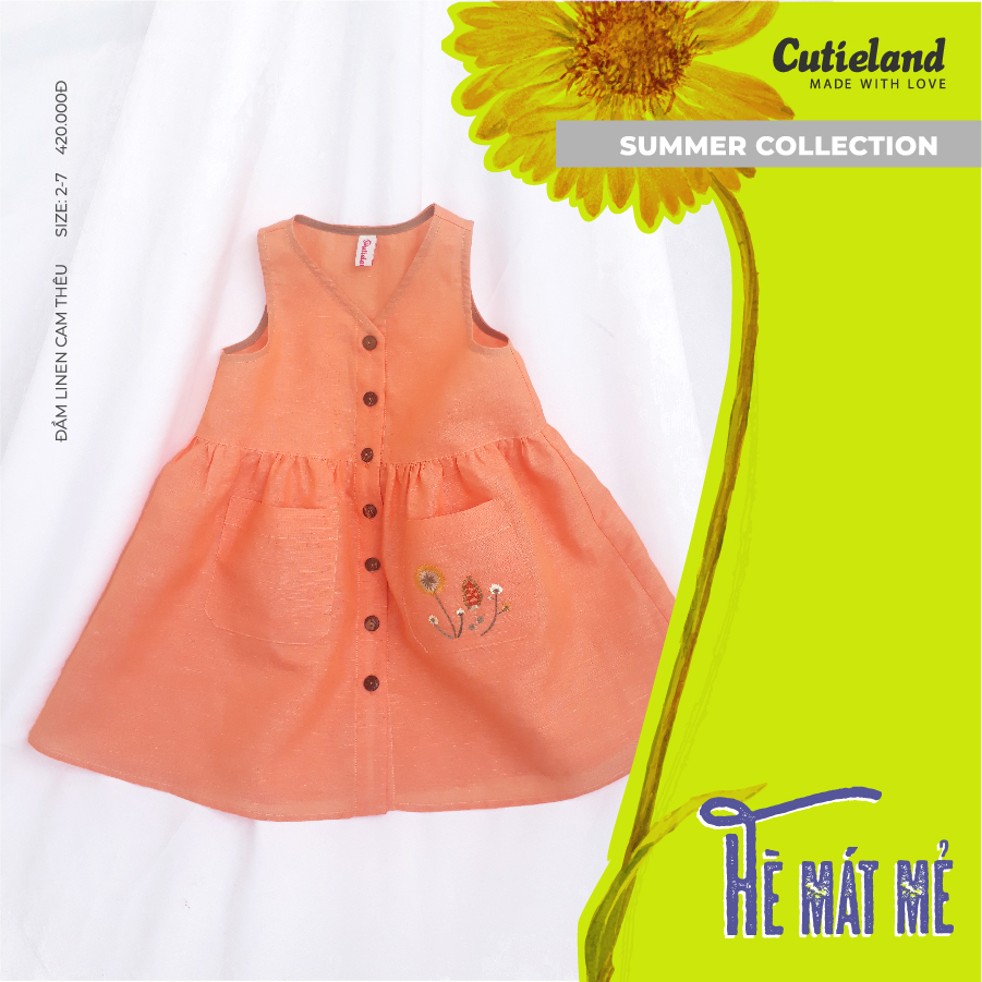 Cutieland - Đầm linen cam thêu