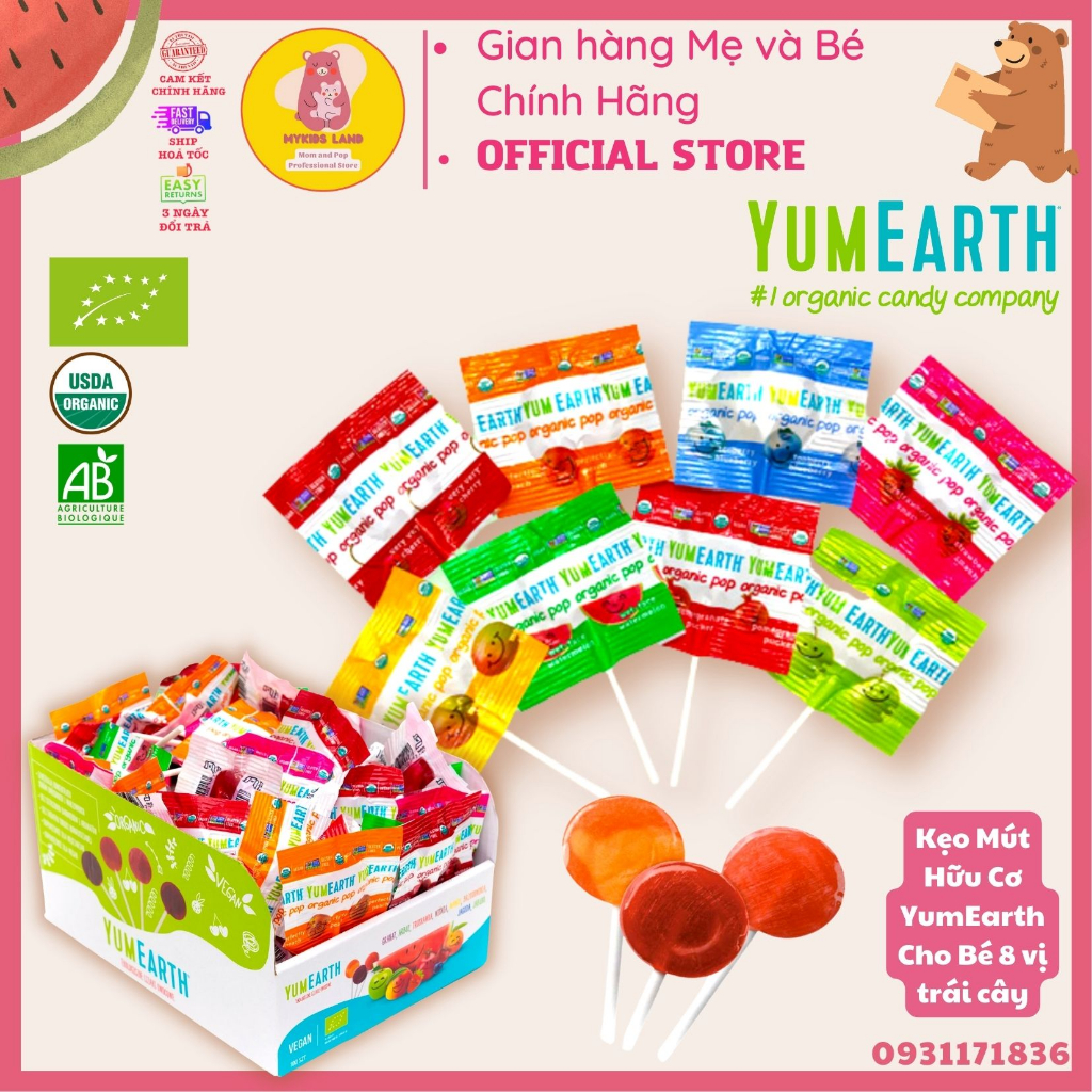Kẹo mút trái cây hữu cơ yumearth organic pops cho bé