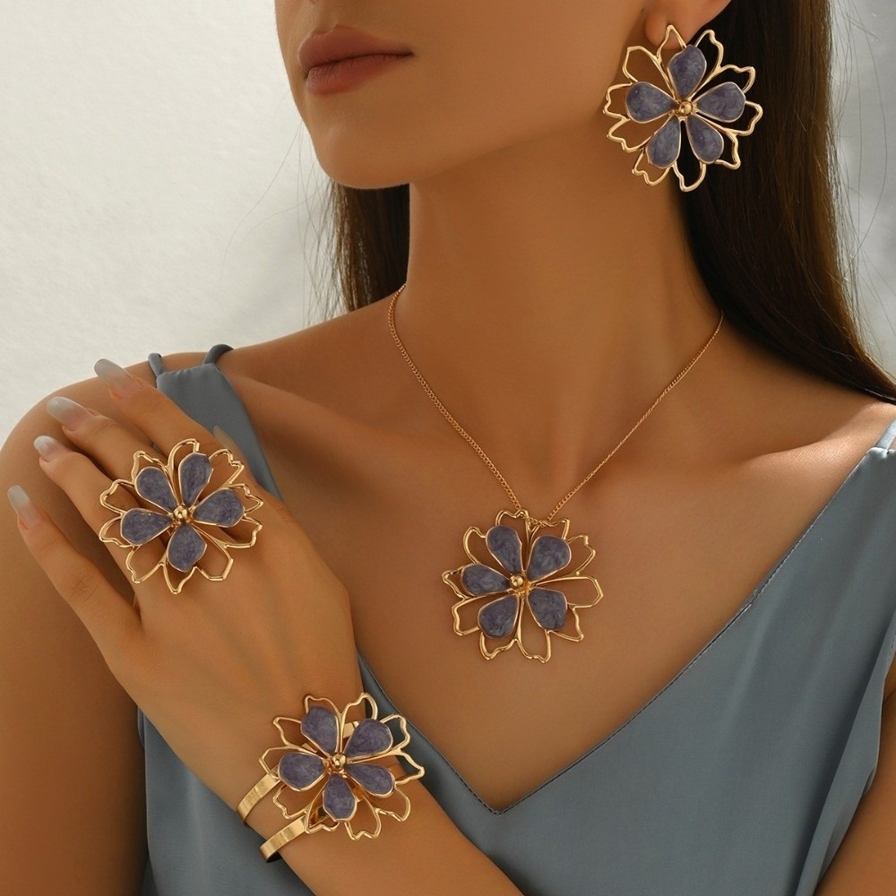 5%20pcs/set%20Vintage%20Look%20Alloy%20Flower%20Jewelry%20Set%20Drip%20Oil%20Finish%20Earrings%20Necklace%20Bracelet%20Ring%20Lightweight%20Adjustable%20Statement%20Costume%20Jewelry%20Women%20-%20Image%209