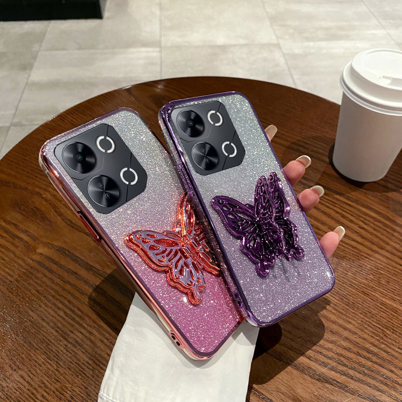 New Phone case itel P55 P70 P65 Back cover with Cute Butterfly Stand Luxury Slim Gradient Clear Plating Glitter Girls for itel P70 P55 P65 case. 