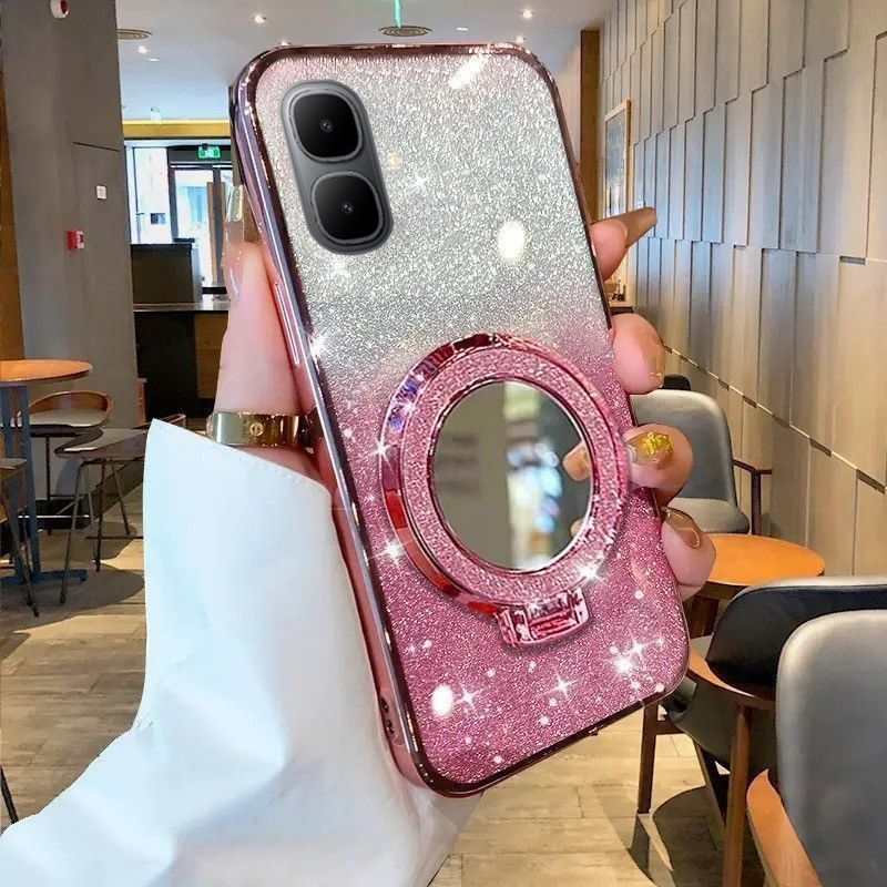 New Phone case infinix Smart10 Plus Back cover with Makeup Mirror Holder Stand Luxury Shiny Gradient Plating Glitter Slim For infinix Smart 10+ case. 
