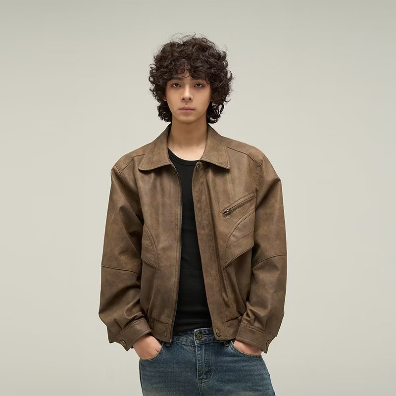 TIDE BEAR Men's Short Polo Collar Leather Jacket with Pockets Brown thin casual leather top