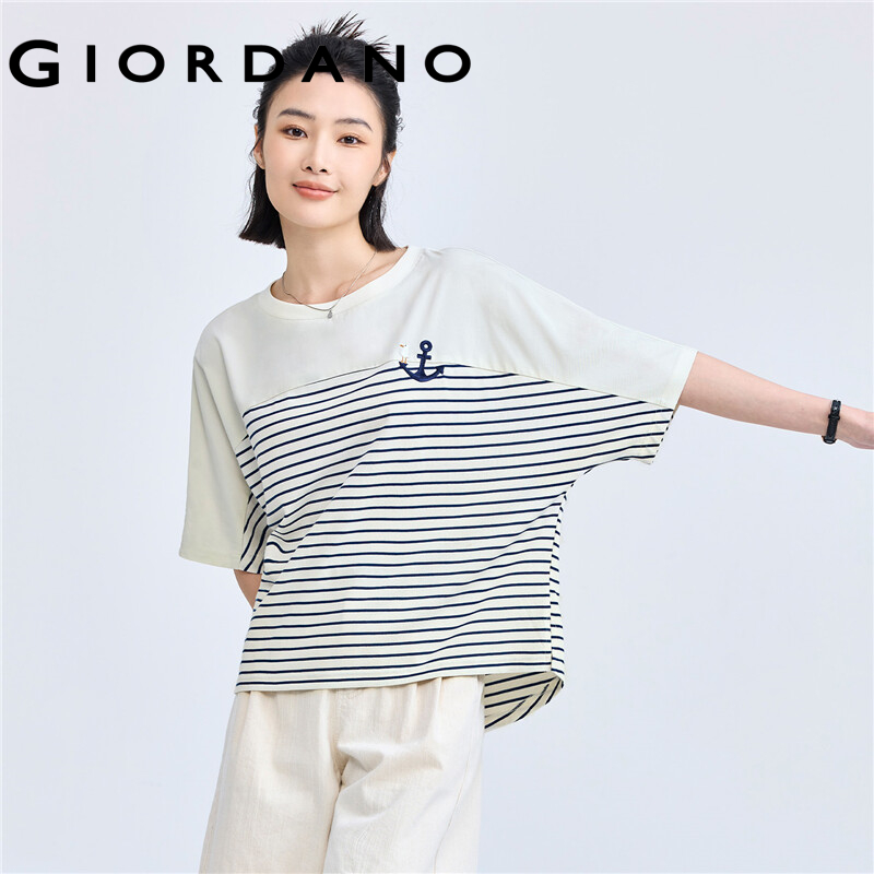 GIORDANO Women T-Shirts Seagull Embroidery Patchwork Tee Stripe Kimono Sleeve Simple Summer Fashion Casual Tshirts 18324214
