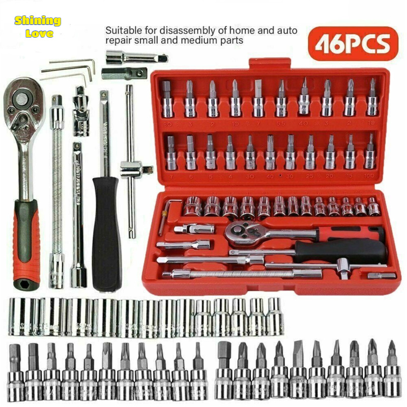 ShhiningLove 46pcs Metric Socket Bits Set 1/4 Inch Drive Ratchet Wrench Set Mechanic Tools Kit For Automotive Repair Household