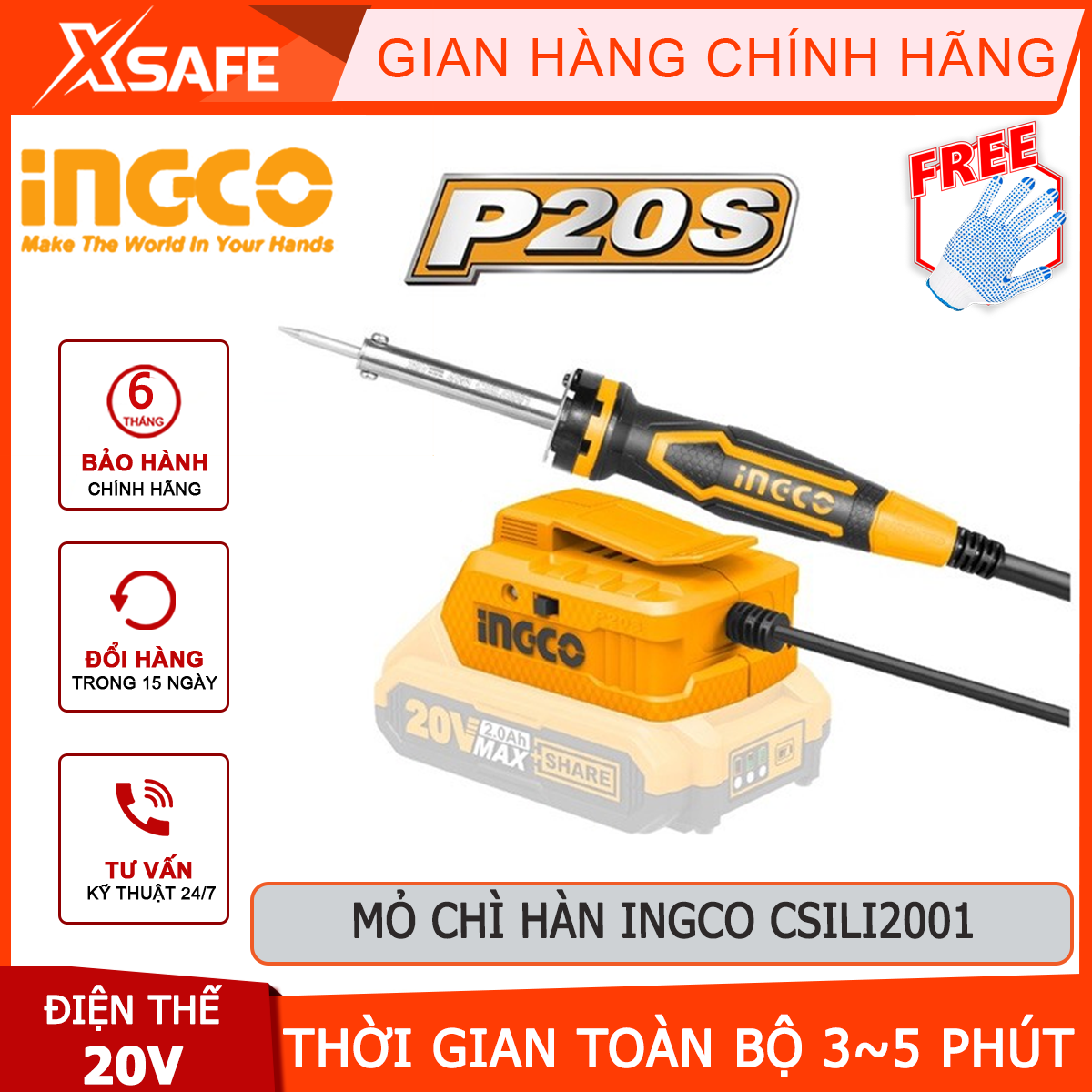 Mỏ hàn dùng pin 20v Ingco CSILI2001 | thân máy hàn chì dùng pin làm nóng chảy chì hàn để thực hiện các mối nối trên bảng mạch in PCB hoặc nối các chi tiết kim loại