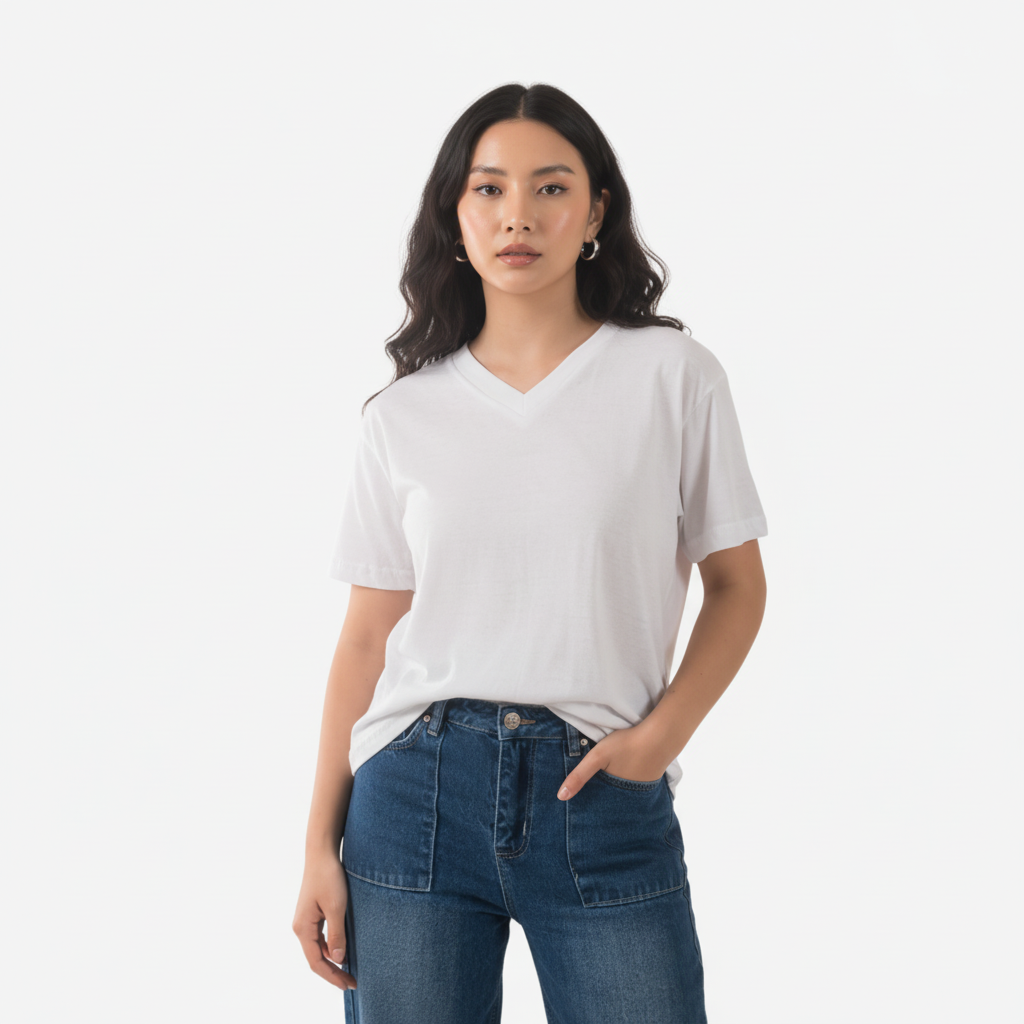 Binay Embroidery V neck White Plain T-Shirt For Women