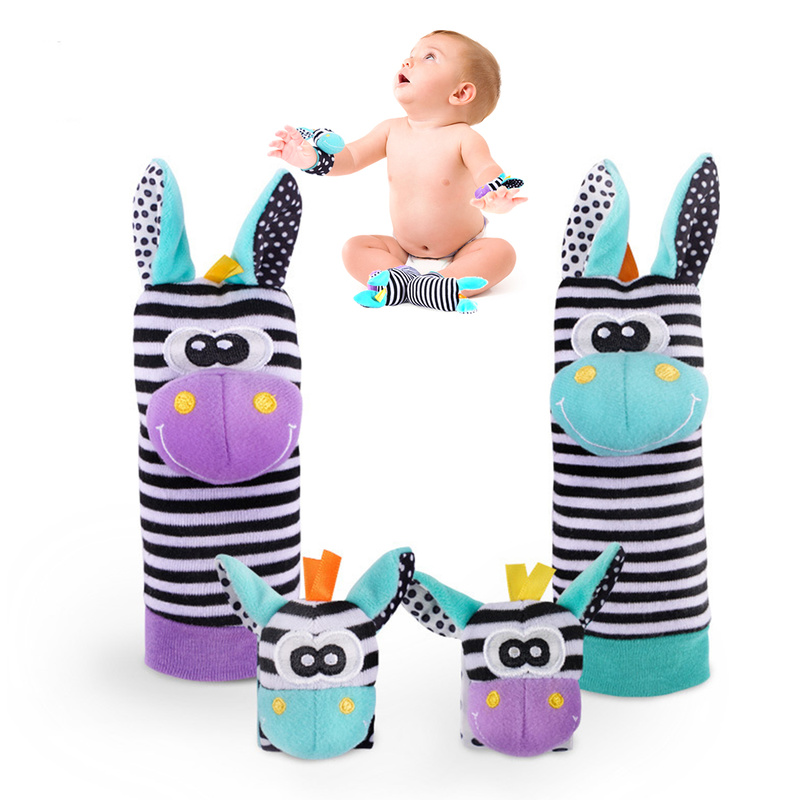Baby Wrist Rattle Sock Toys 4 Pcs Baby Wrist Rattle Sock Toys Cute Animals Foot Finder and Wrist Rattle Soft Plush Hand and Feet Rattles