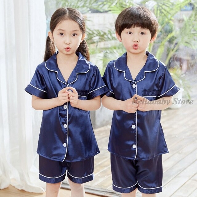 Blue Satin Silk Pajamas Sets For Teen Girls Boys Pyjamas Long