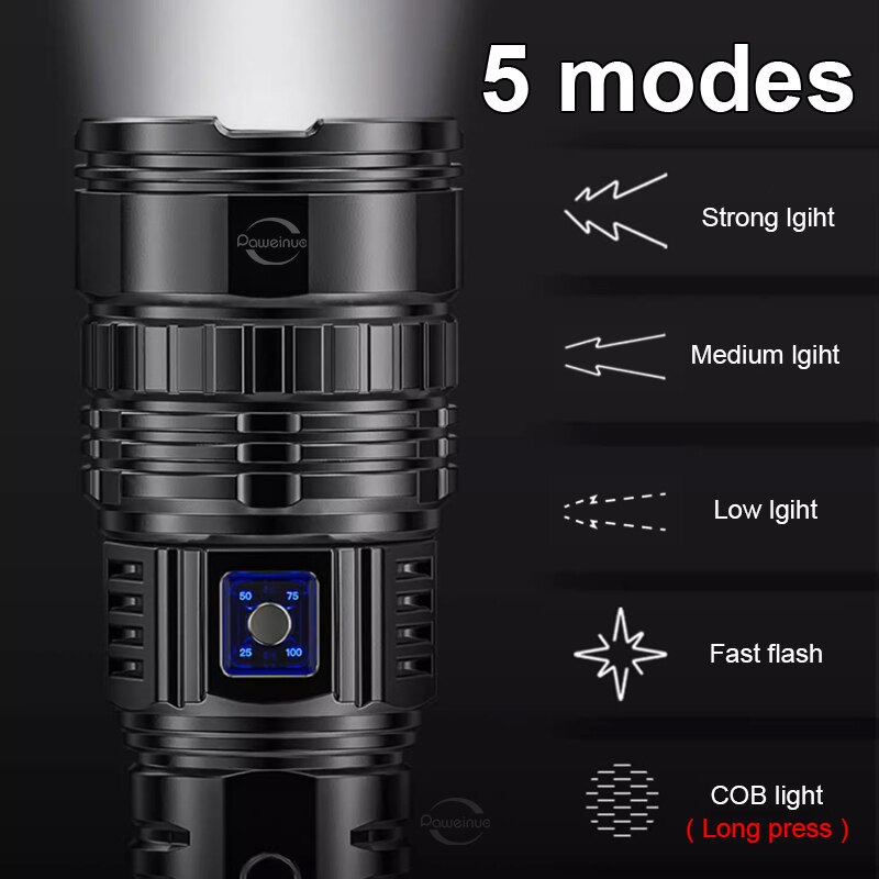 Đèn pin LED công suất cao 1000W Zoom 5000m tầm xa đèn Flash Đèn pin sạc USB Đèn pin Led cực mạnh