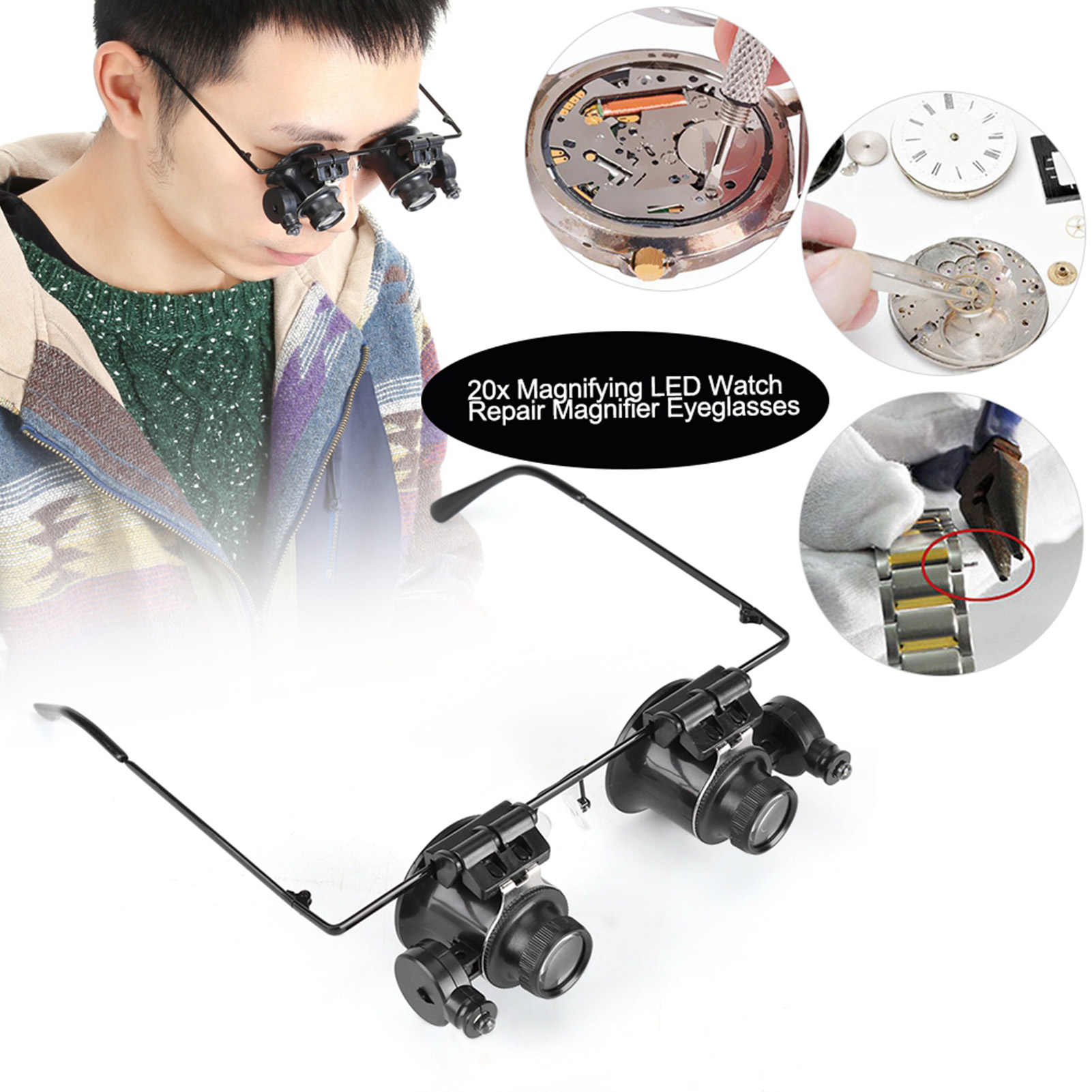 Kính lúp sửa chữa đồng hồ Kính lúp LED Đèn đôi mắt thợ kim hoàn Đầu phóng đại đeo kính 20x