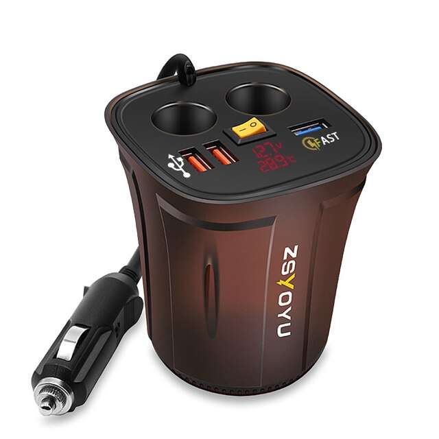 ZZOOI Fast QC3.0 USB Cup Holder Car Charger Adapter  Voltmeter 12V Socket Display Temperature Waterproof power switch