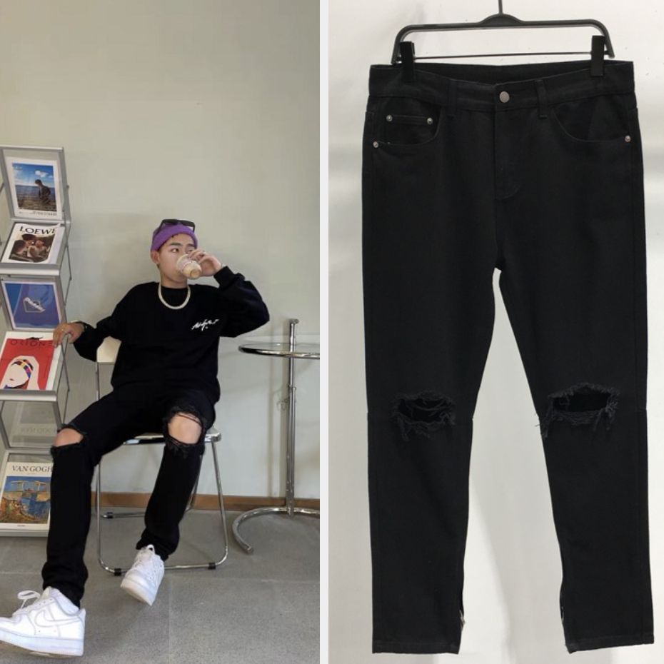 [HÌNH THẬT] QUẦN JEANS NAM ĐEN RÁCH BASIC CAO CẤP CO GIÃN GIÁ RẺ ĐEN03