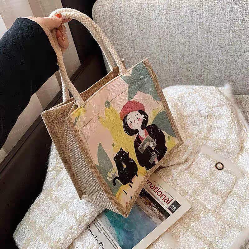 Túi xách cói mini họa tiết vintage