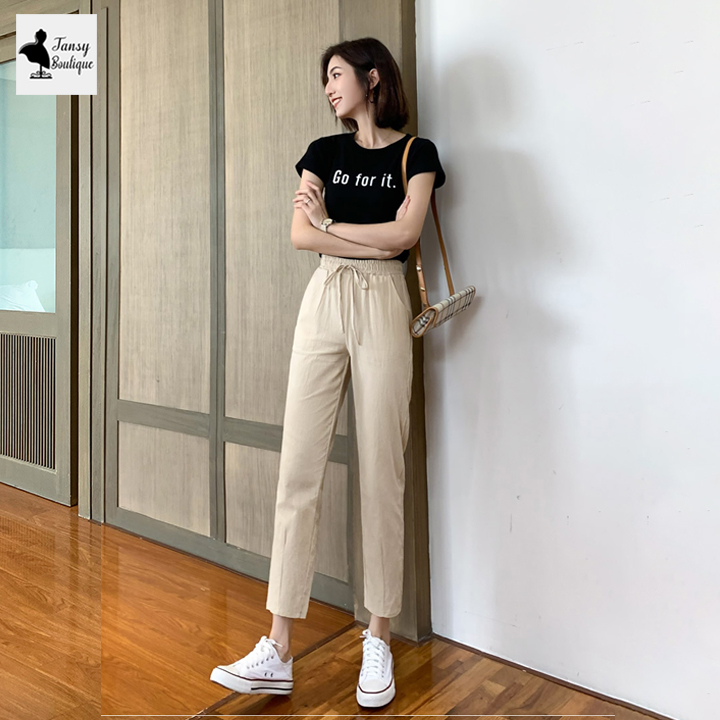 Quần baggy nữ vải đũi xước Hàn mặc cực mát