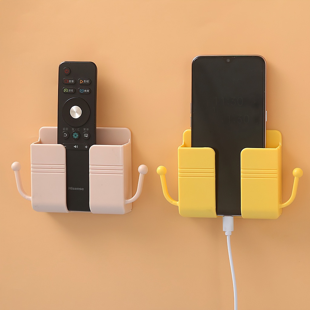 Giá Đỡ Dán Tường Để Sạc Điện Thoại, Remote, Ổ Cắm/ Kệ Đựng Đồ Dán Tường Kèm 2 Móc Treo Đồ -Lumbley