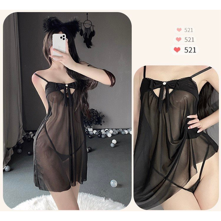 Váy ngủ ren 2 dây đính nơ ngực 2601