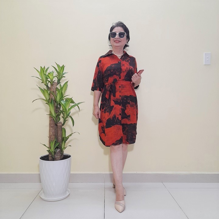 Đầm Trung Niên - Kiểu Sơ Mi  - Vải Lụa Đũi - Size 48KG - 75KG