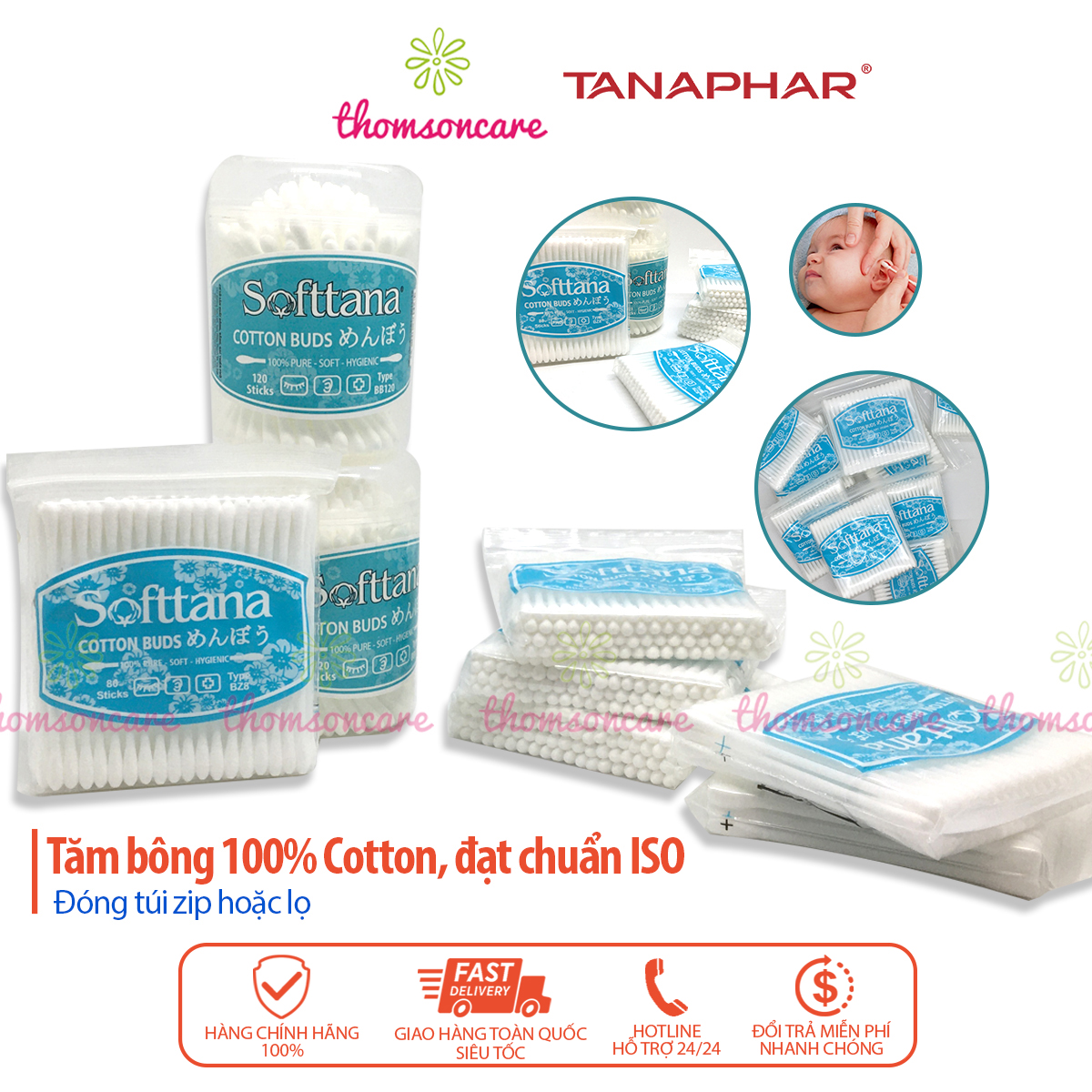 Tăm bông cao cấp Softtana, an toàn cho bé và người lớn, bông ngoáy tai, vệ sinh tai sạch