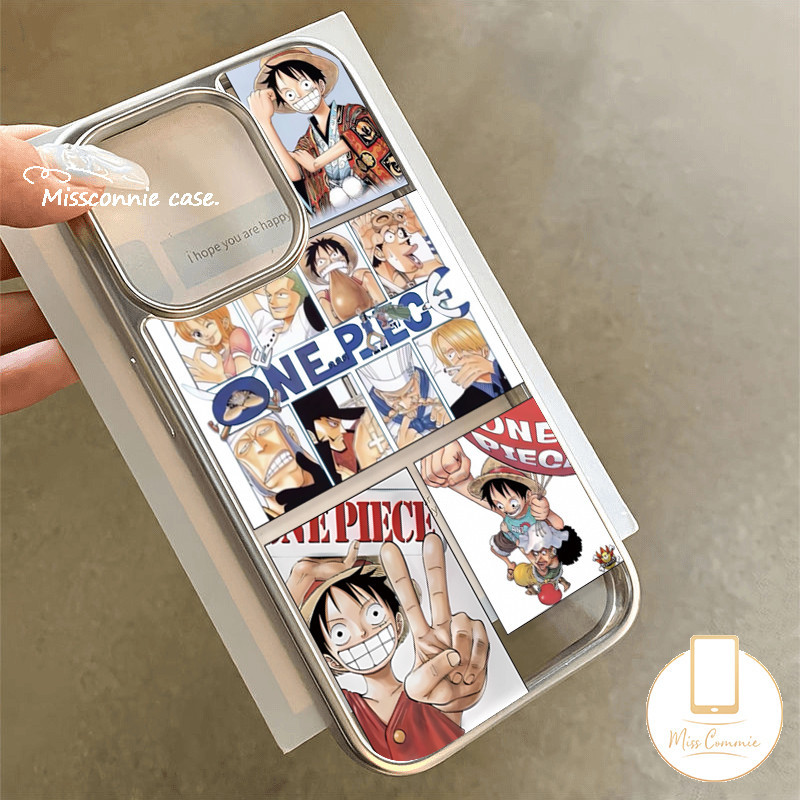Trendy Brand Comic One Piece Phone Case Compatible for IPhone 11 14 13 15 12 Pro Max 8 7 14 15 Plus XR X 7Plus XS Max SE 2020 Luxury Electroplated Frame Cartoon Funny Luffy Cover