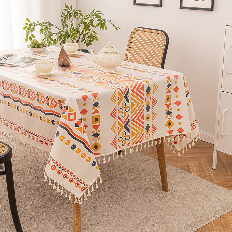 Bohemian No-wash Cotton and Linen Tablecloth, Waterproof and Dustproof Coffee Shop Electric Cover, 140*300 Large Size 4/6/8 Seat Waterproof Rectangular Tassel Tablecloth