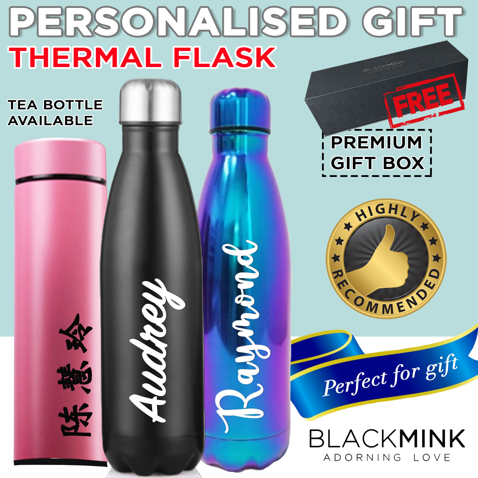 Personalised Water Bottle Stainless Steel Vacuum Insulated Chilly Flask gift xma