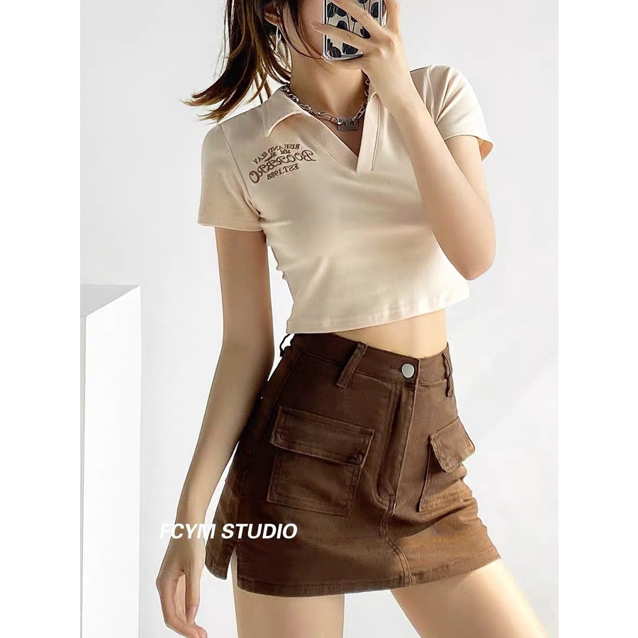 [FREESHIP + VOUCHER] Áo thun croptop cổ polo thêu chữ