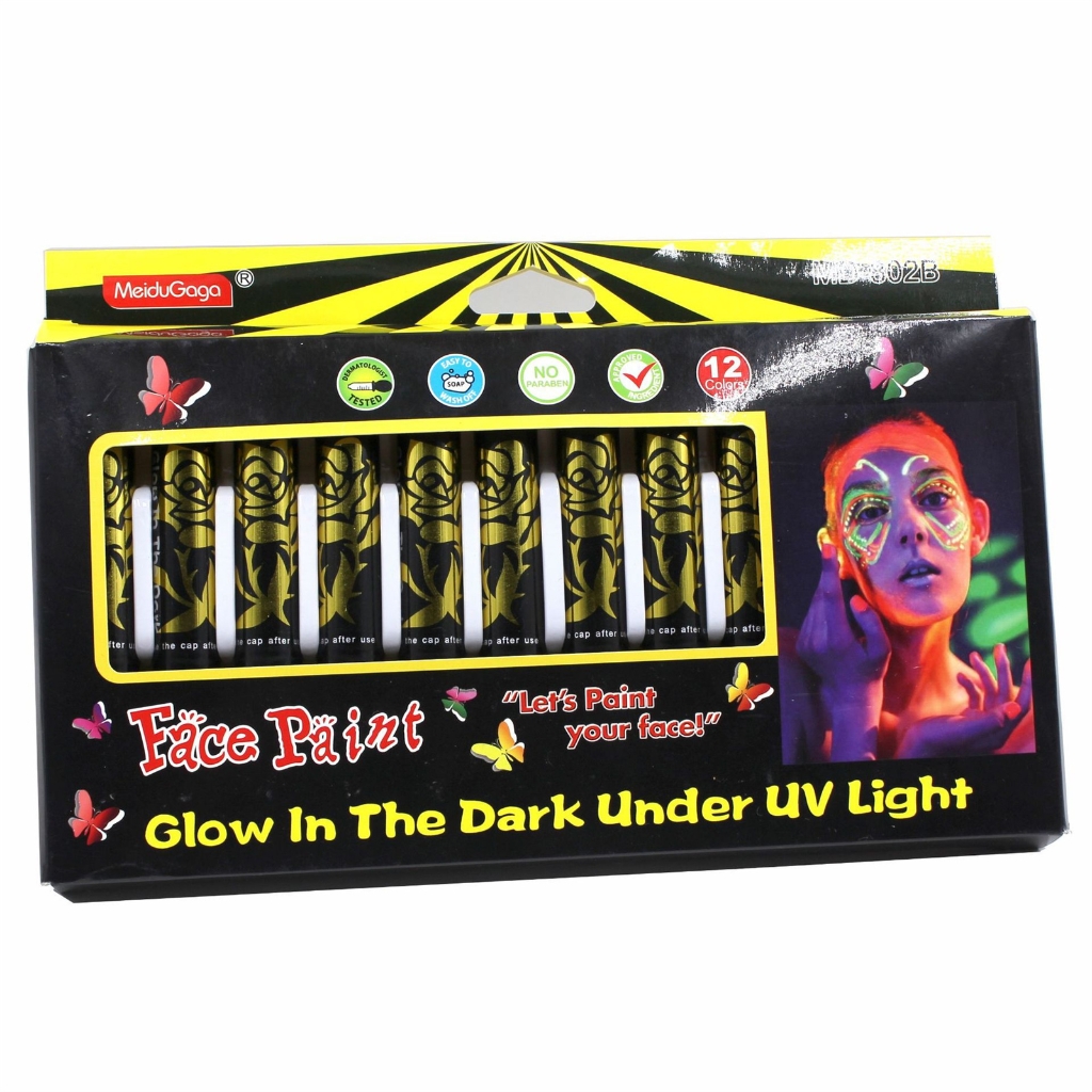 12pc Glow in Dark Face Paint Halloween Black Light Paint UV Neon Body Paint Crayons Non-Toxic Fluorescents Makeup Marker
