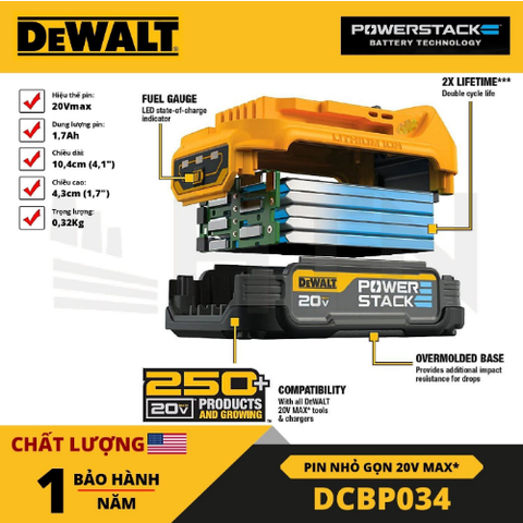 Pin 20v max powerstack -1.7ah dewalt dcbp034| chính hãng| bảo hành 1 năm