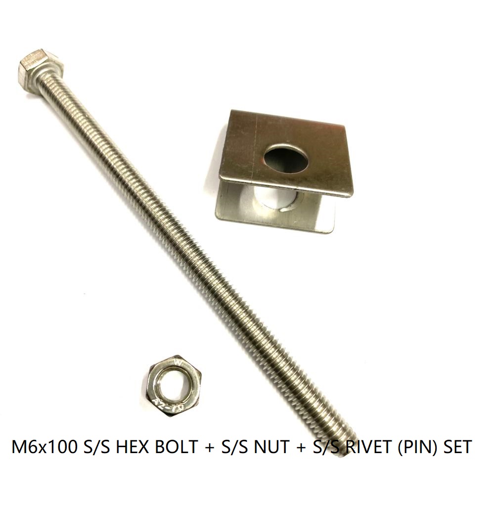 STAINLESS STEEL M6 x 100 S/S HEX BOLT + NUT + RIVET (PIN) SET FOR