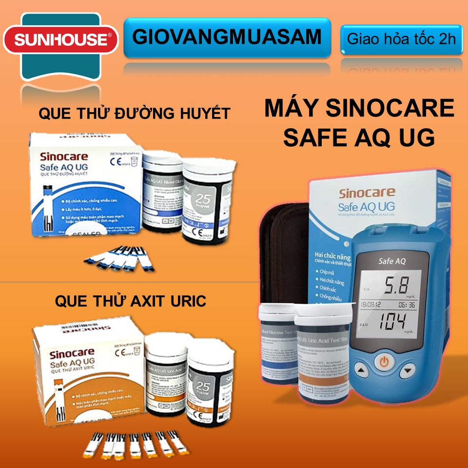 Hộp 50 que thử AXIT URIC (Hoặc que thử đường huyết ) cho máy Sinocare Safe AQ UG + Tặng 50 kim chích máu