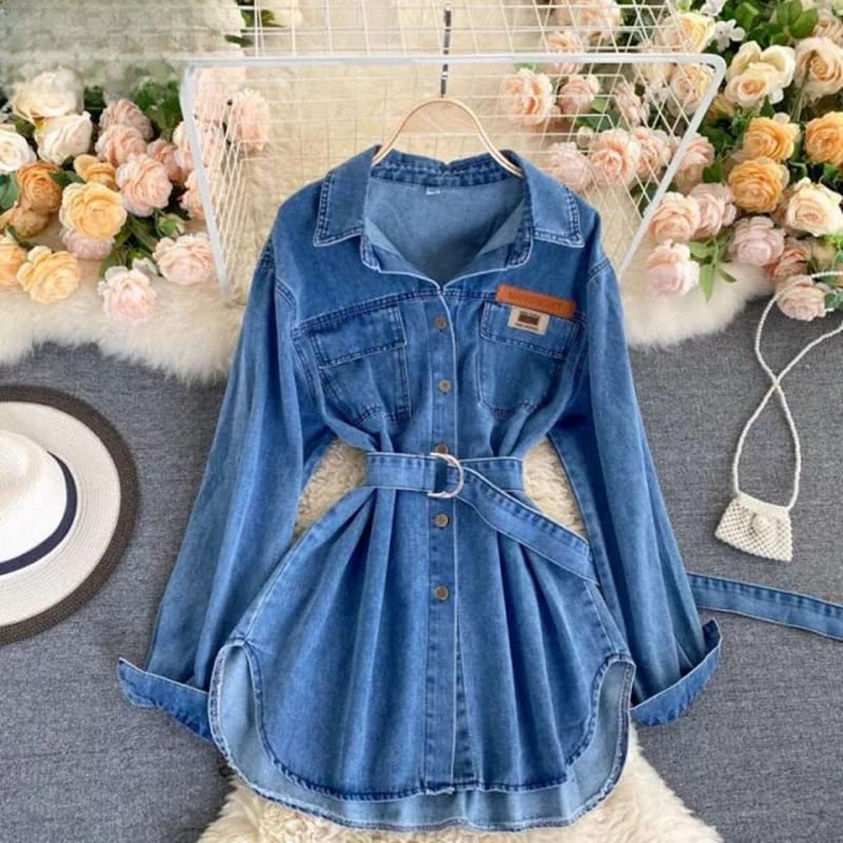 Women denim dress causal long dress fashion party dress Jean dresses blue