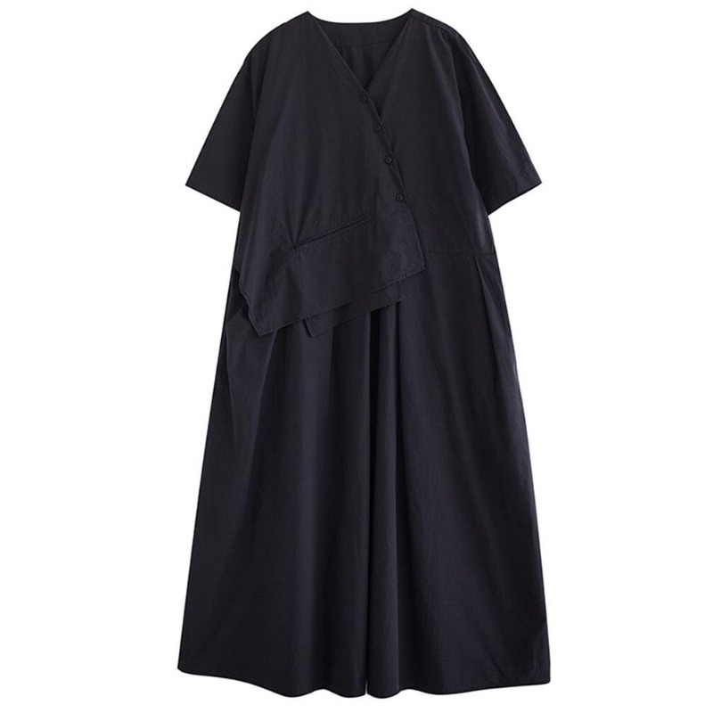 HG False Two Pieces Dress Asymmetrical V-neck Solid Color Patchwork Casual Women Short Sleeve Dress DMJ1237