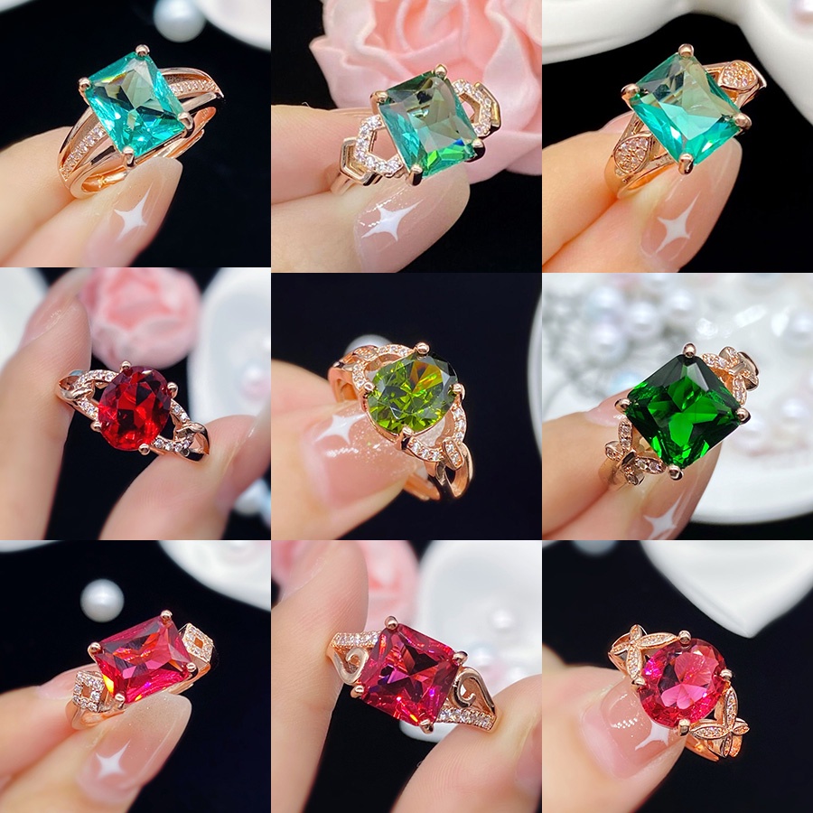 【Shop with Confidence】 Emerald Ruby Diamond Crystal Women's Fashion Jewelry RingSilver Rose Gold S925