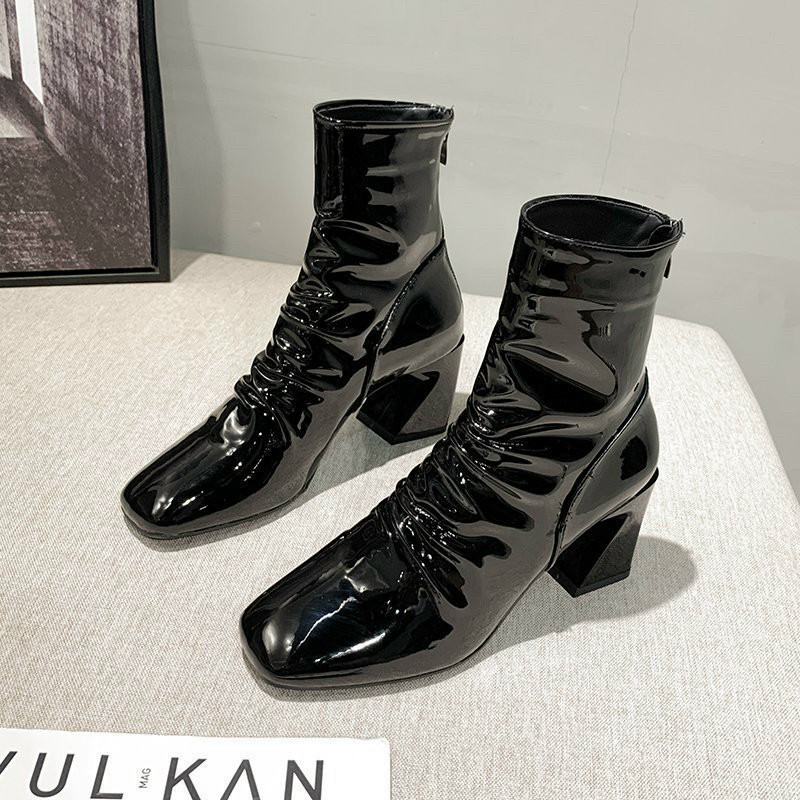Giày Boot , bốt nữ mũi vuông da mềm chất liệu da bóng cao cấp ôm chân cao 7 phân