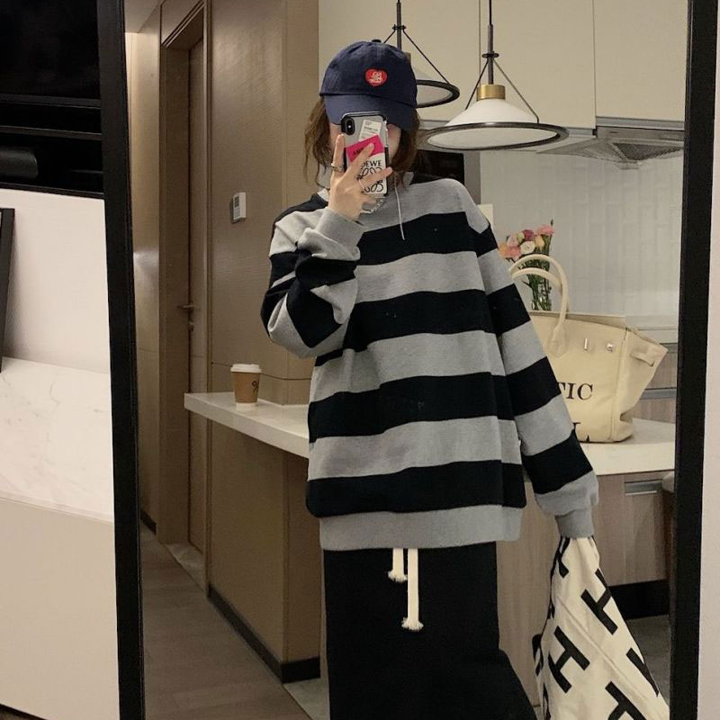 NICK Women's Sweater 2023 Lazy Style Long Sleeve Striped Long Sleeve Round Neck Loose Top Contrast Color Casual Bottoming Shirt